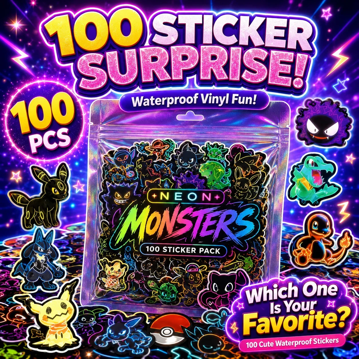 100 stuks neon Pokémon-sticker - Luggage recensie en prijs